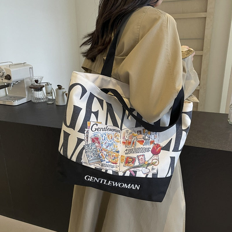 Women's Canvas Commuter Stitching Letter Large Capacity Shoulder Bags