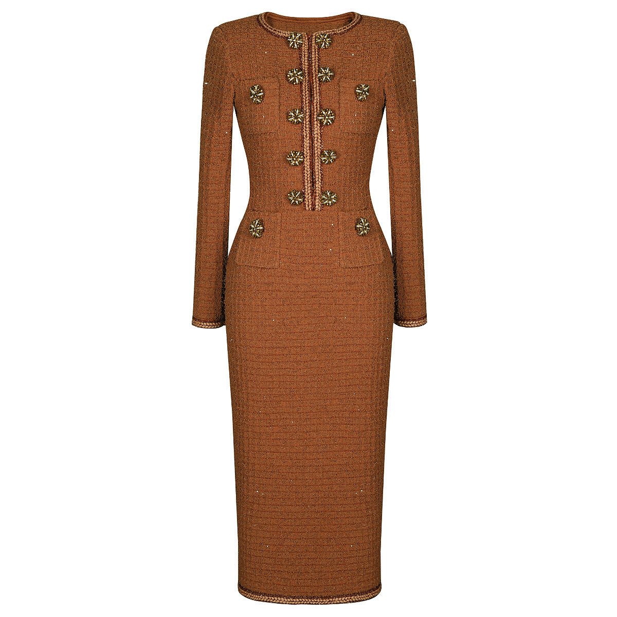 Elegant Woolen Knitted Fabric Round Neck Slim Dresses