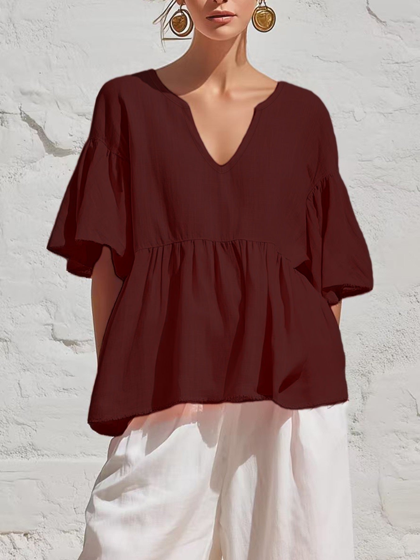 Lazy Ruffled Half Sleeve Cotton Linen Summer Women's T-shirt