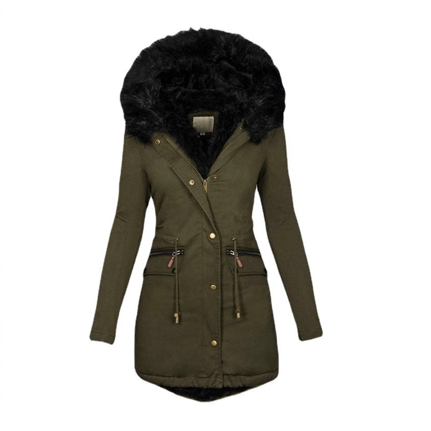 Women's Solid Color Fur Collar Hood Mid-length Coats