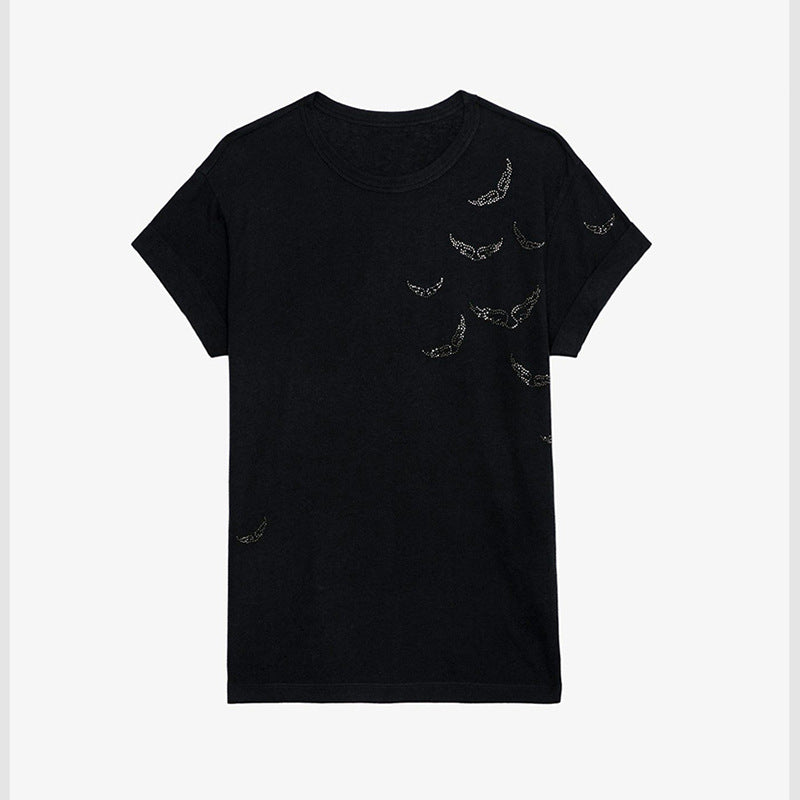 Women's Small Many Wings Rhinestone Cotton Linen Black White Round Blouses