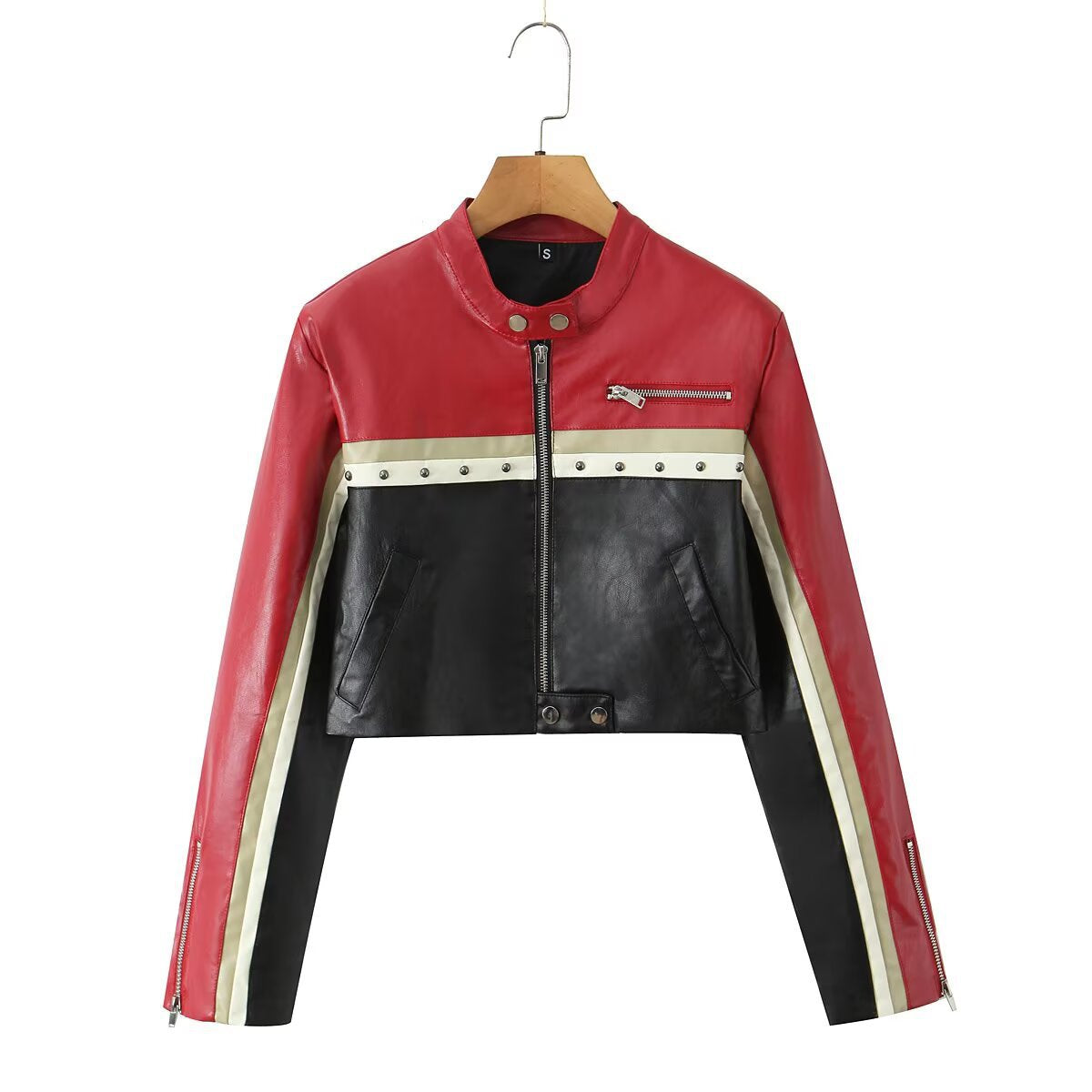 Women's Fashion Stand Collar Stitching Leather Midriff Jackets