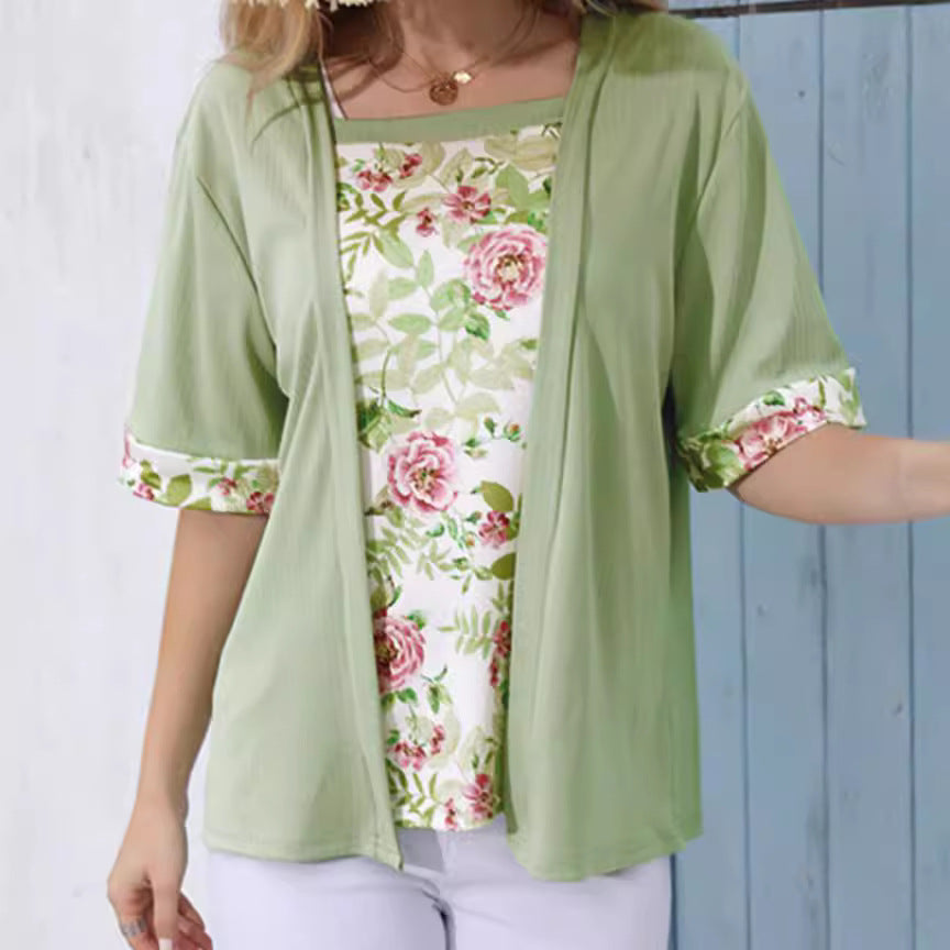 Women's Solid Color Printing Stitching Faux Two-piece Women's T-shirt