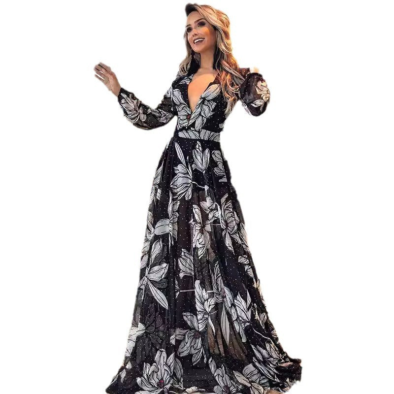 Women's Sexy Deep V Long Sleeve Printed Skirts