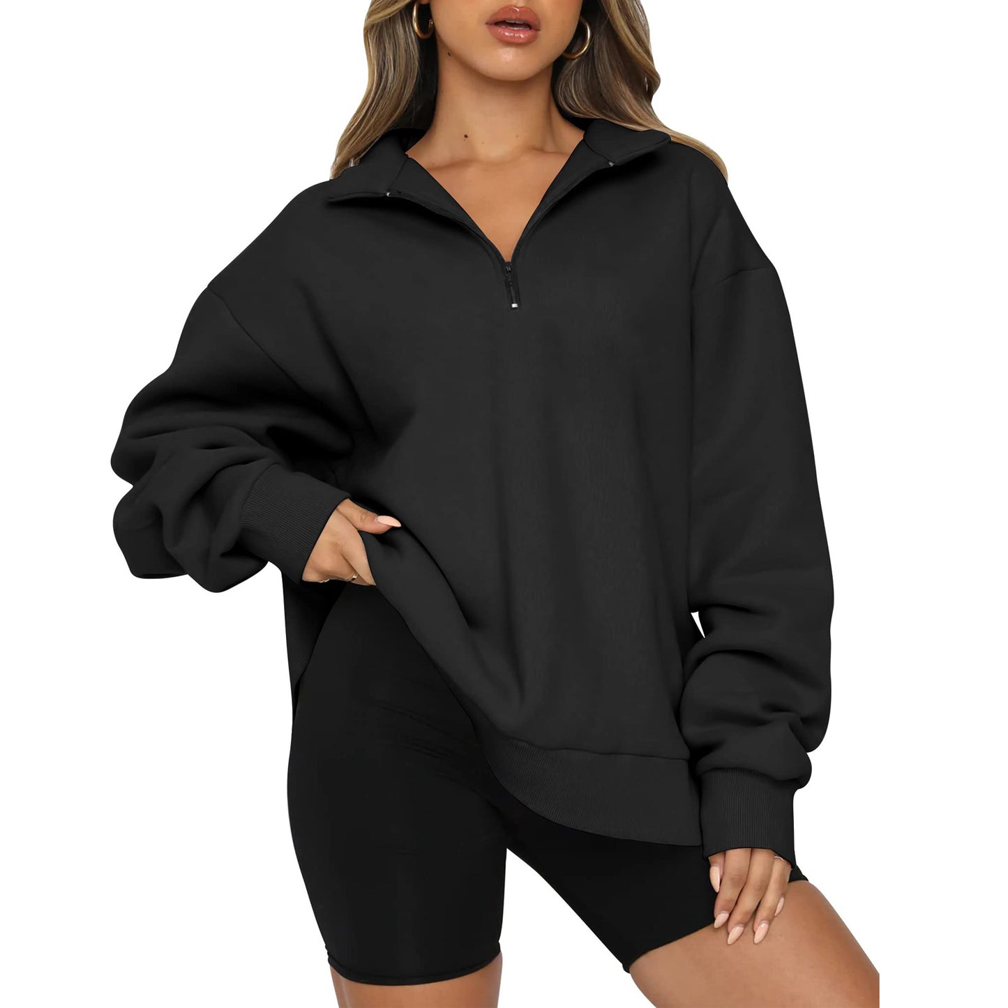 Women's Zipped Stand Collar Pullover Pocket Casual Loose Women's Sweater, Sweater