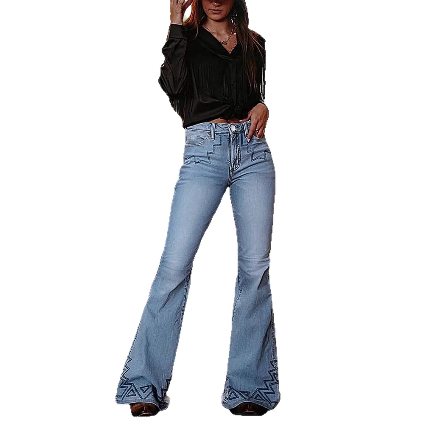 Elegant Creative Versatile Embroidered Denim Bell-bottom Jeans