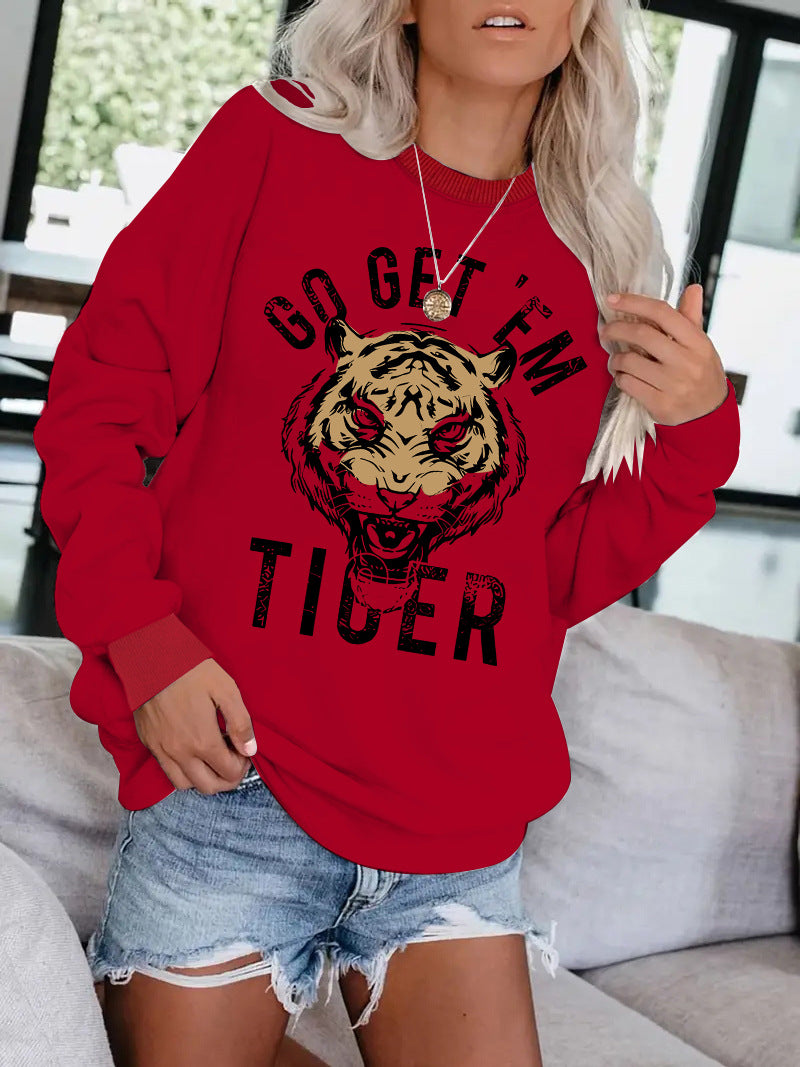 Women's Round Neck Tiger Head Portrait Printing Stylish Tops