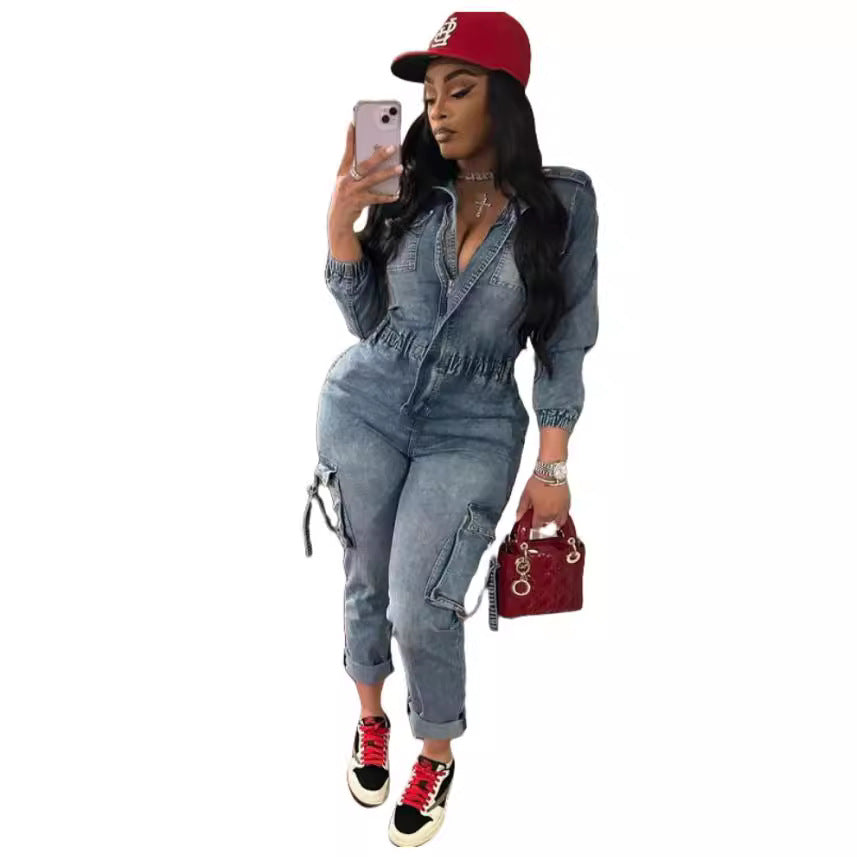 Denim Fashion Wash High Elastic Long Sleeve Jumpsuits