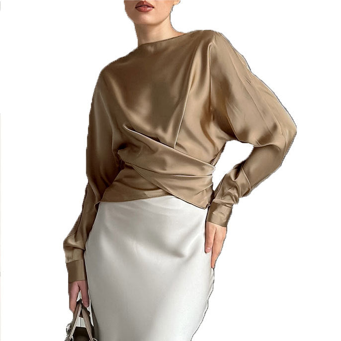 Women's Autumn Satin Elegant Long-sleeved Shirt Irregular Blouses