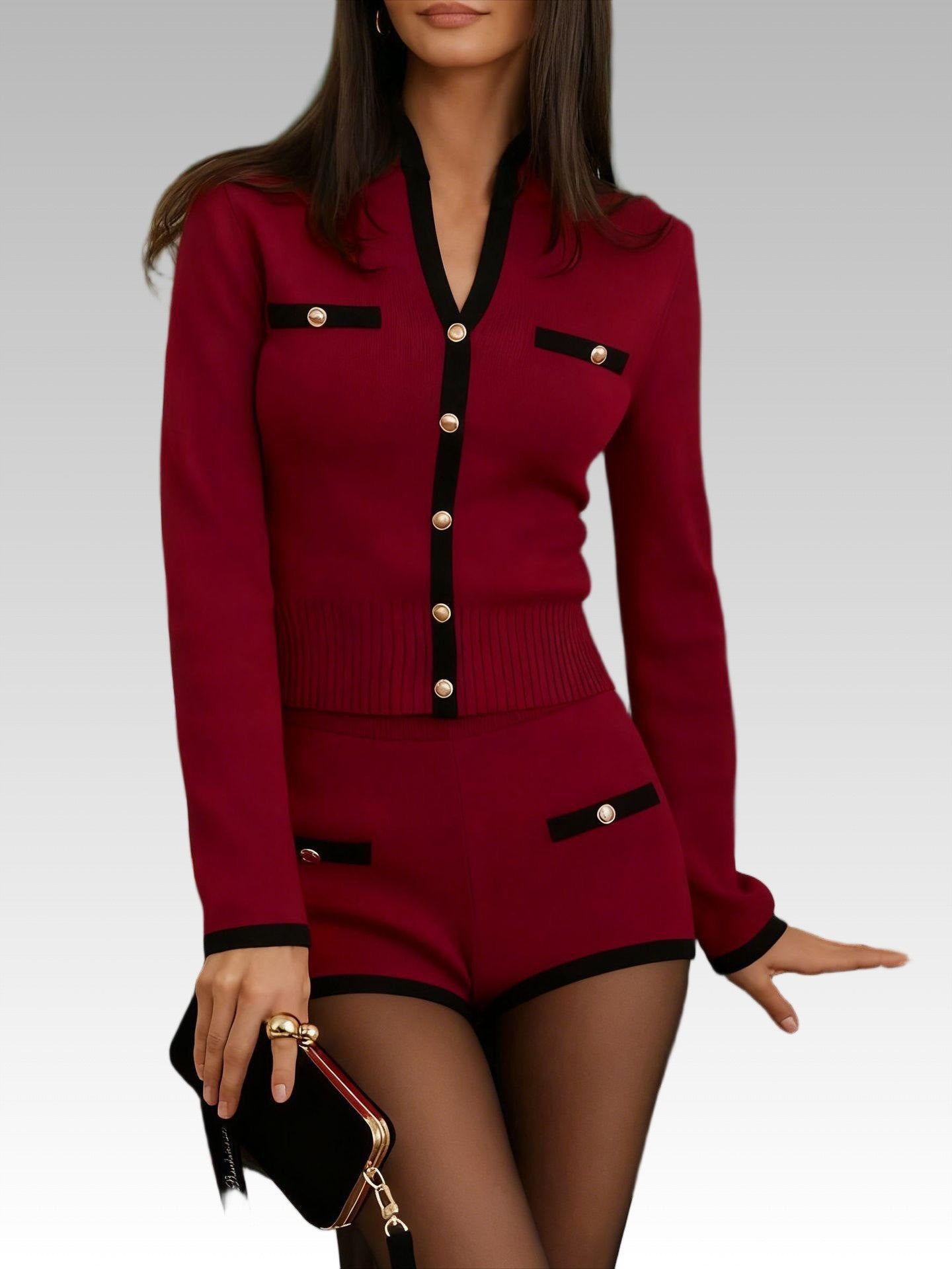 Women's Color Single-breasted Long Sleeve Thread Two-piece Set Shorts