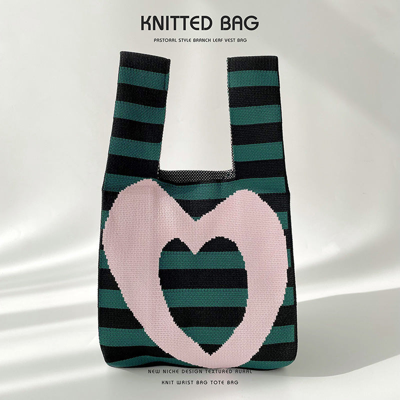 Design Striped Heart Knitted Versatile Large Shoulder Bags