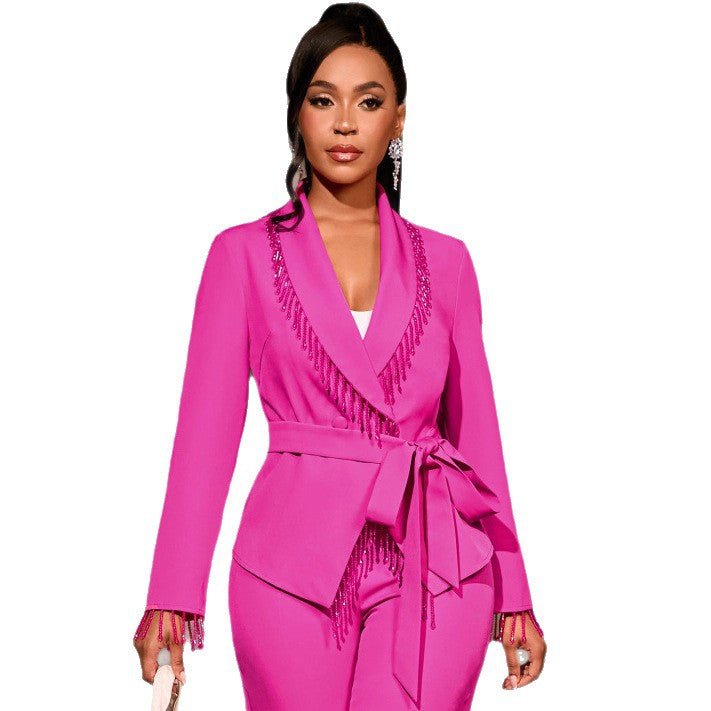Tassel Dangling Beads Long Sleeve Waist Blazers
