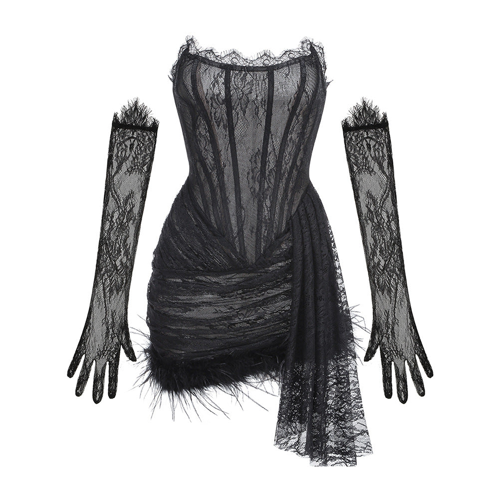 Women's Sexy Lace Stitching Feather Waist Tube Dress Dresses