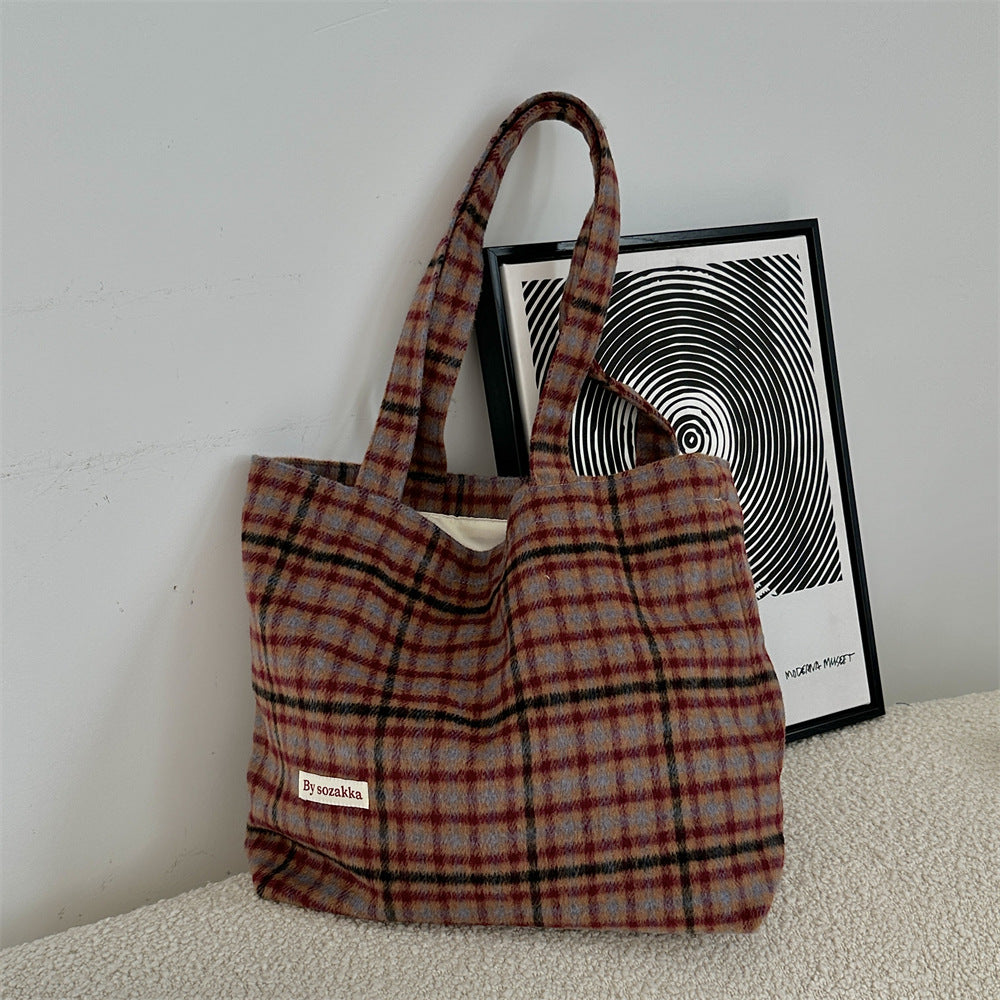Women's Large Capacity Vintage Woolen Plaid Portable Shoulder Bags