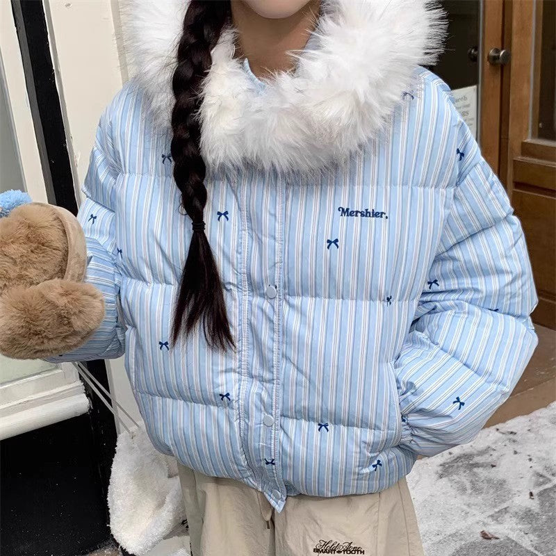 Women's Design Striped Bow Fur Collar Hood Cotton Thick Jackets