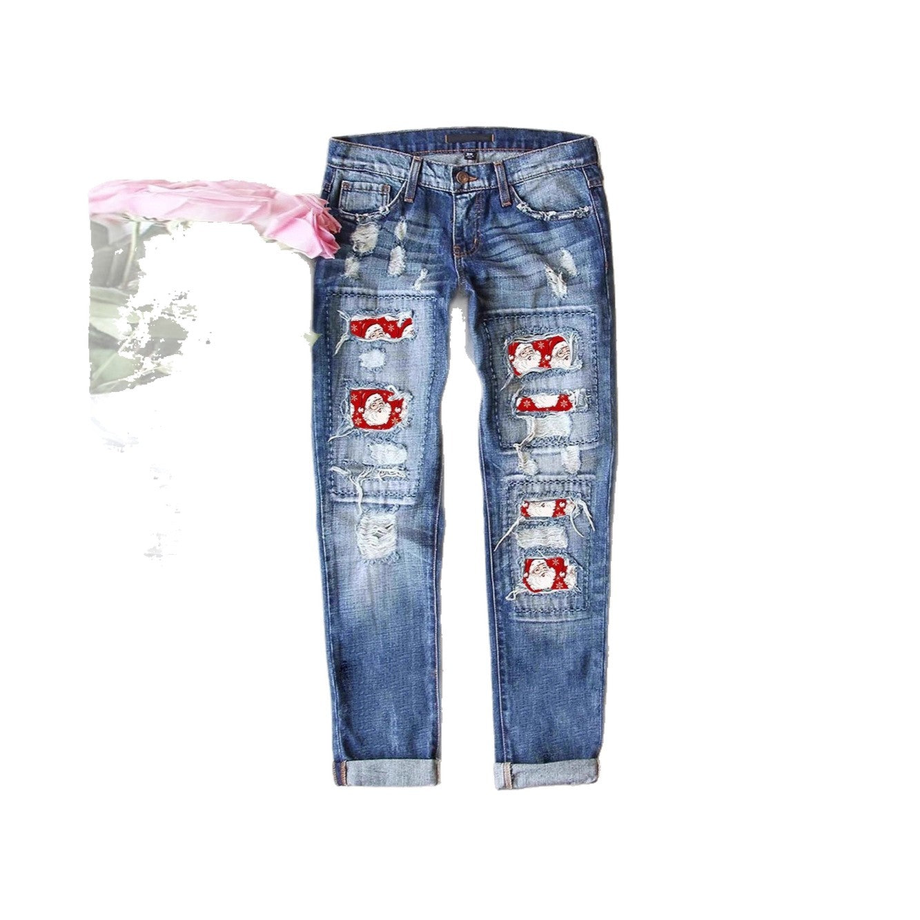 Unique Women's Ripped Print Patch Trousers Jeans