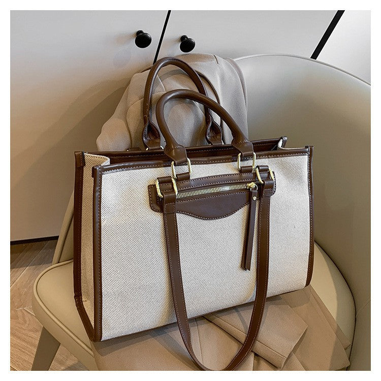 Female Linen Contrast Color Retro Leisure Commute Tote Bags