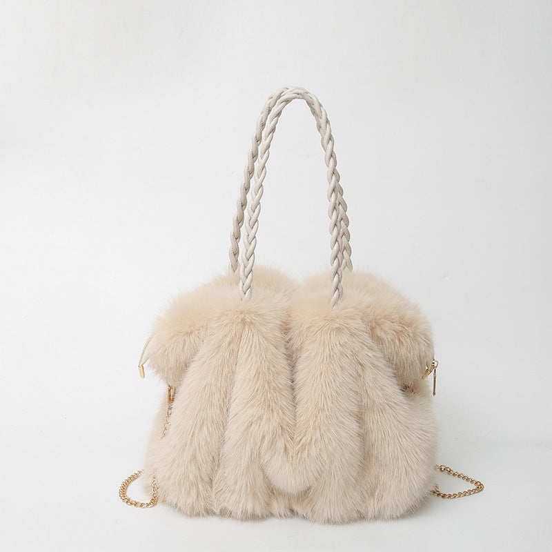 Women's Fashion Pleated Imitation Fox Fur Large Shoulder Bags