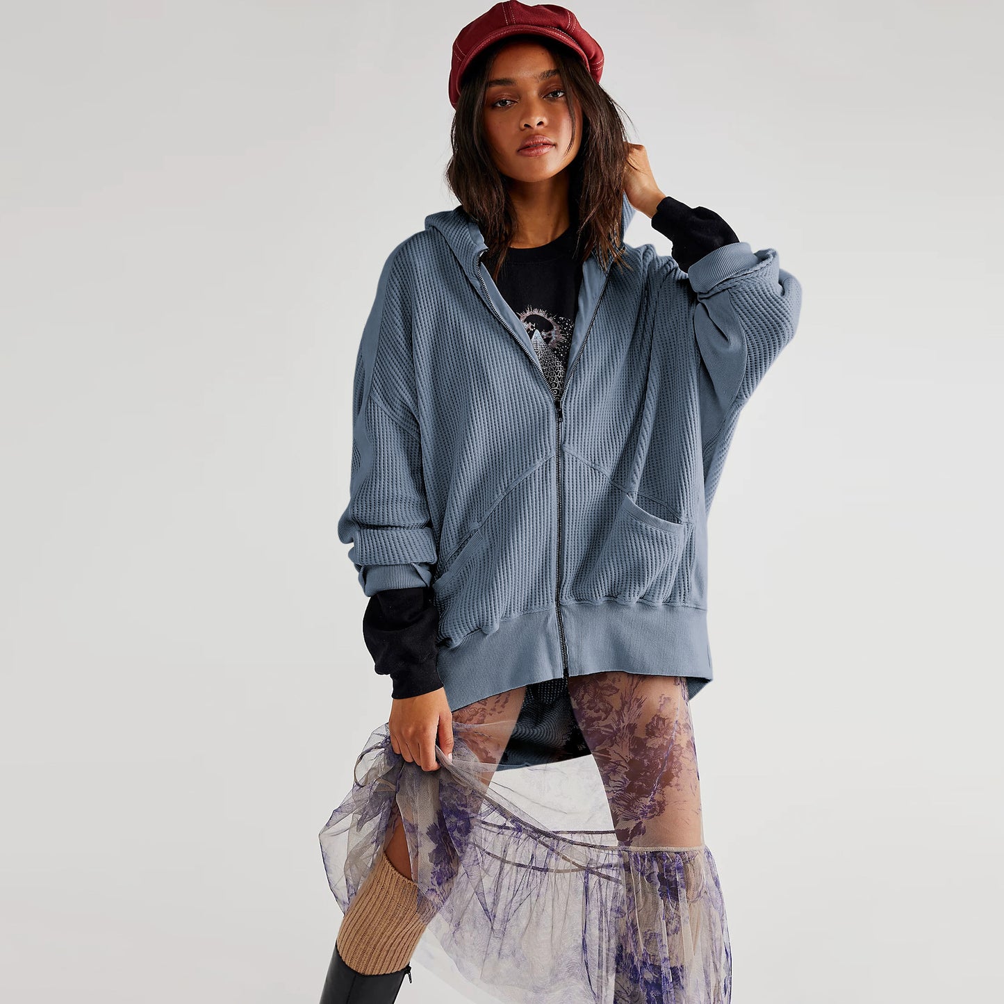 Women's Waffle Zipper Idle Style Loose Wear Cardigans