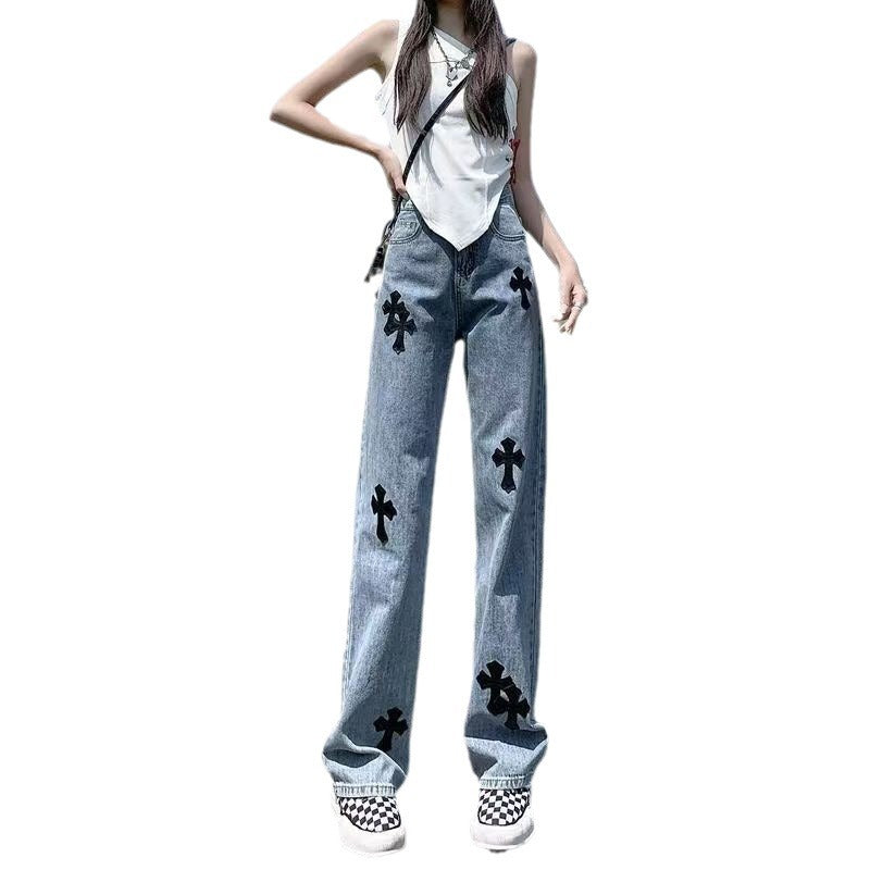 Women's High Waist Straight Slimming Fashion Cross Jeans