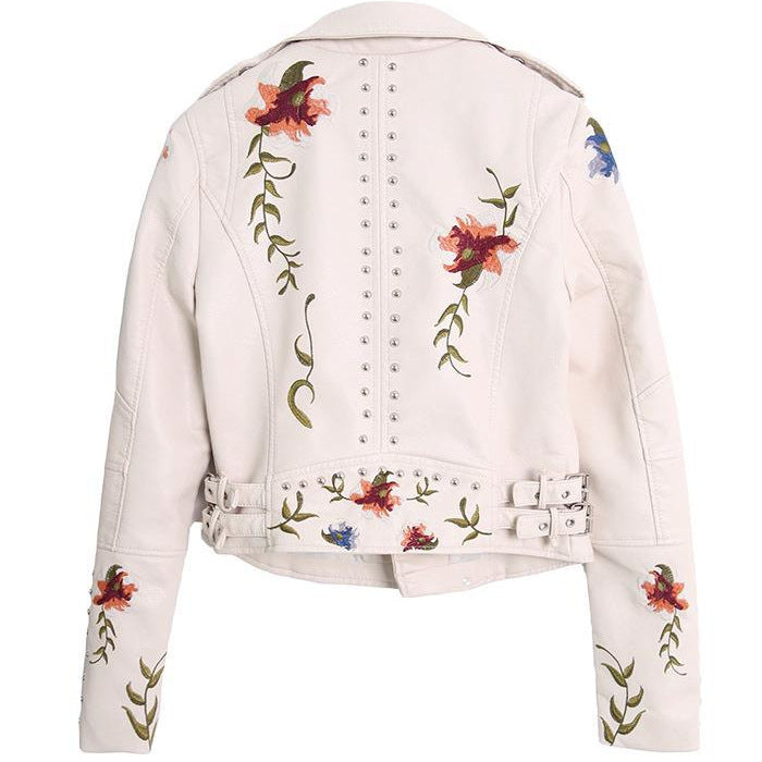Women's Spring Embroidered Rivet Leather Embroidery Machine Coats