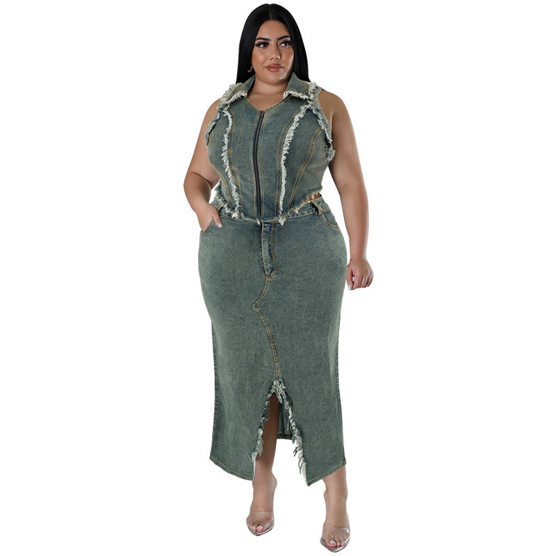 Women's Denim Sleeve Tassel Zipper Split Set Suits
