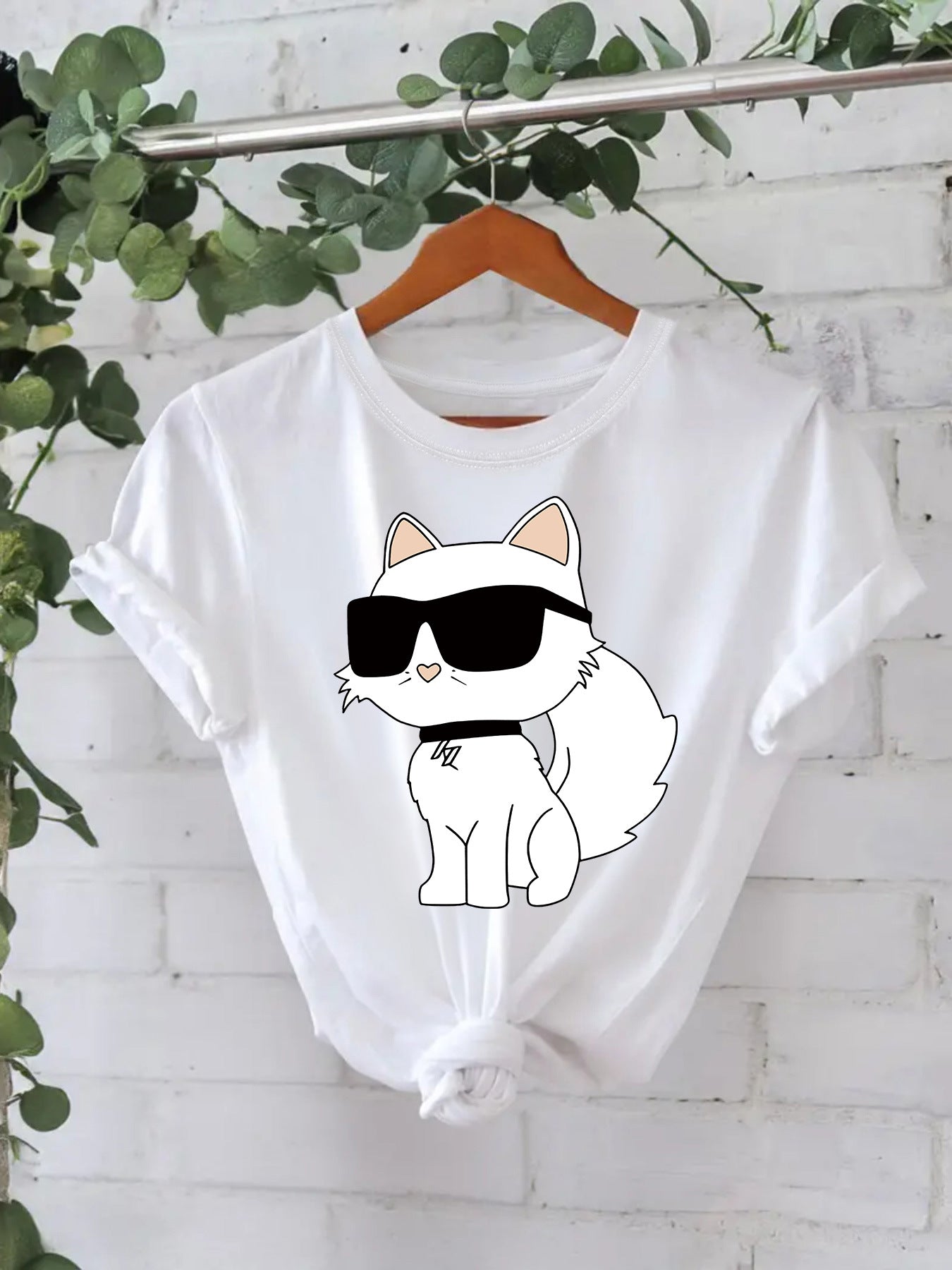 Casual Sleeve Female White Sunglasses Cat Summer Round Neck Women's T-shirt