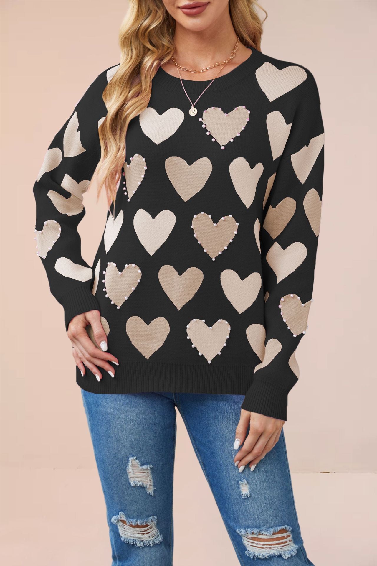 Day Round Neck Handmade Beaded Heart Sweaters