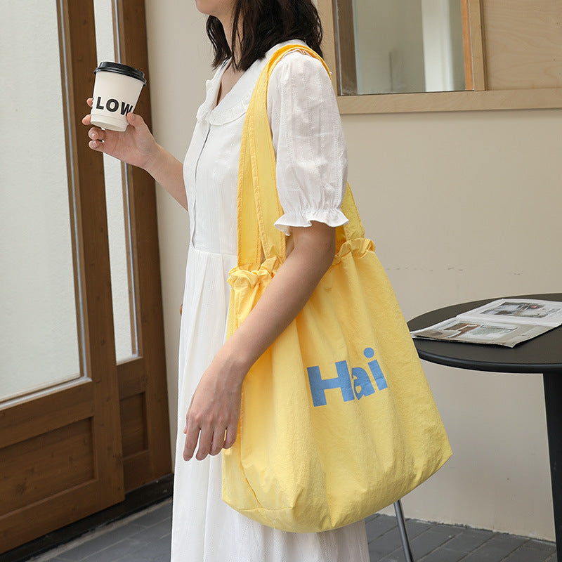 Women's Pleated Canvas Fashionable Letter Printed Drawstring Shoulder Bags