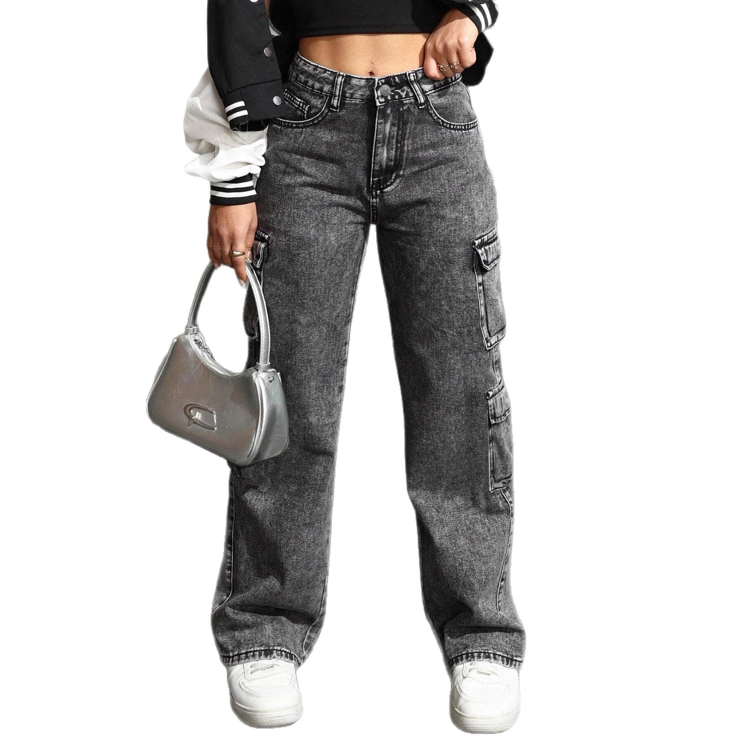 Women's Blue Little Washed Irregular Cargo Jeans