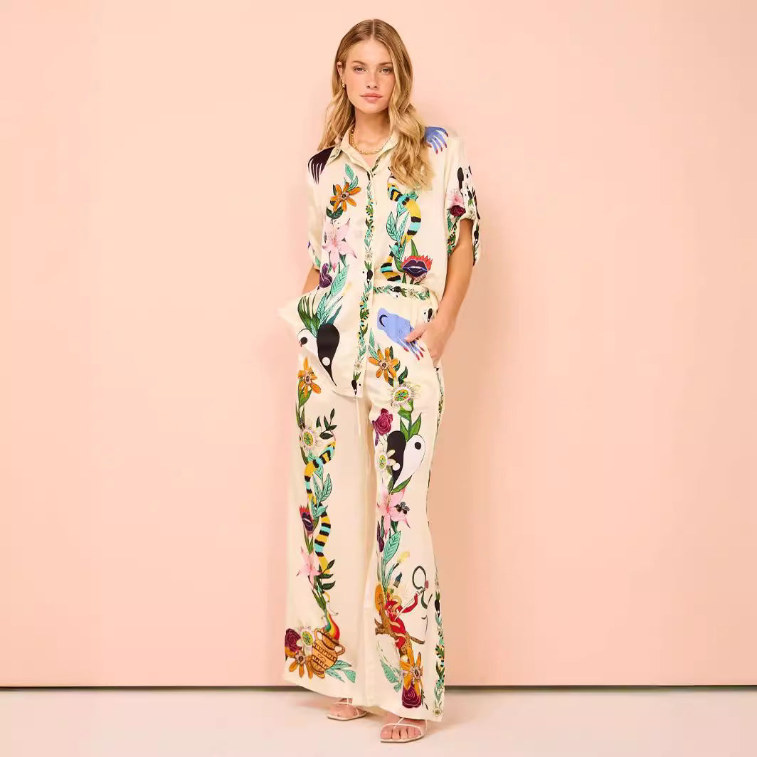 Satin Printed Temperament Short-sleeved Shirt Trousers Suits