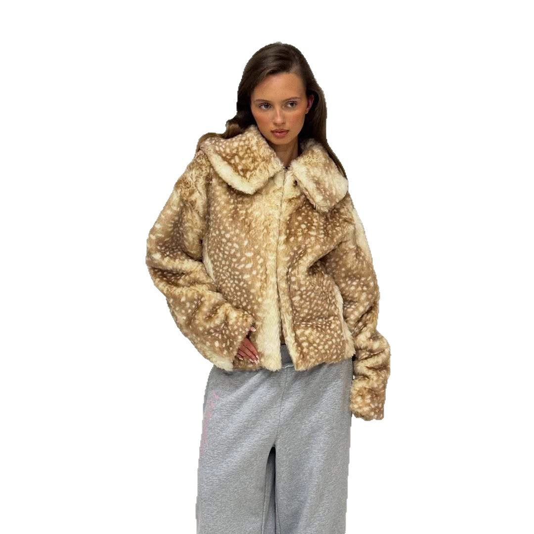 Women's Elegant Style Lapel Color Matching Fur Coats