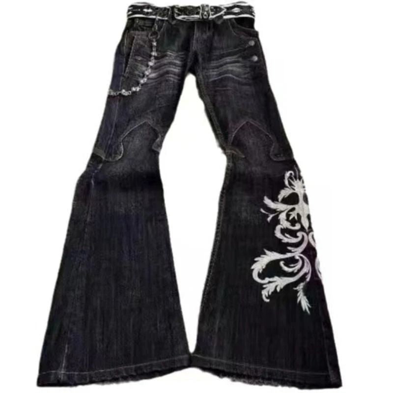 Women's Embroidered Punk Bell-bottom Washed Trousers Dark Jeans