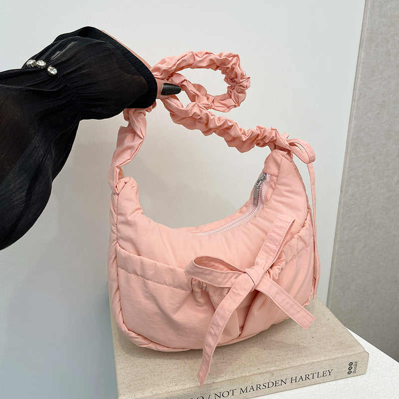 Teenage Leisure Korean Style Bow Underarm Pleated Adjustable Strap Shoulder Bags