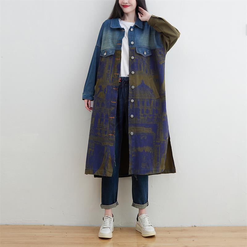 Women's Large Stitching Denim Trench Korean Style Overknee Coats
