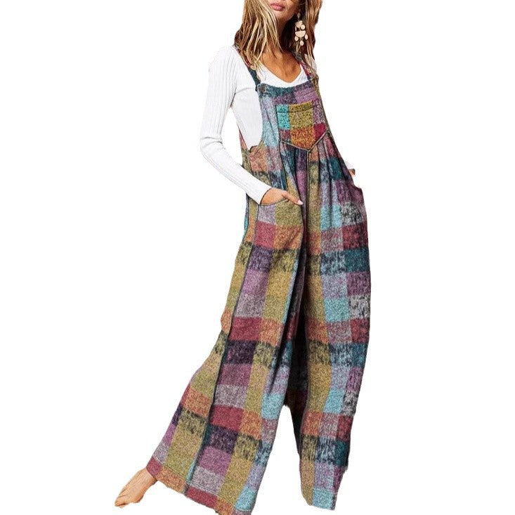 Popular Graceful Women's Brushed Plaid Overalls Women's Jumpsuit/clothing