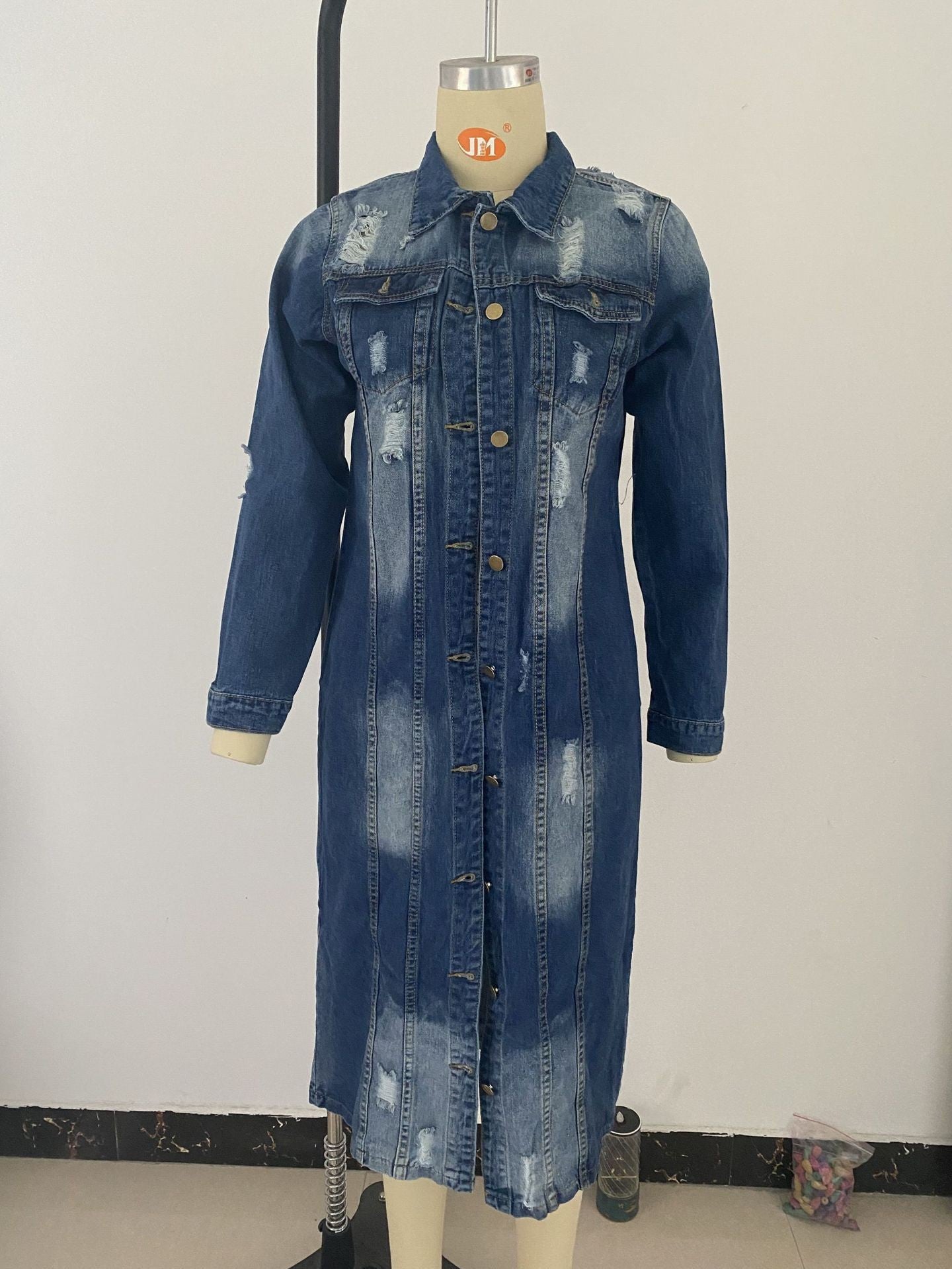 Women's Version Blue With Holes Washed Loose Jackets