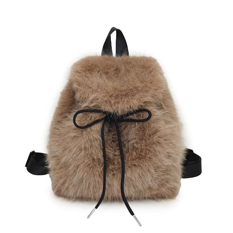 Women's Faux Fox Plush Fashion Drawstring Flip Backpacks