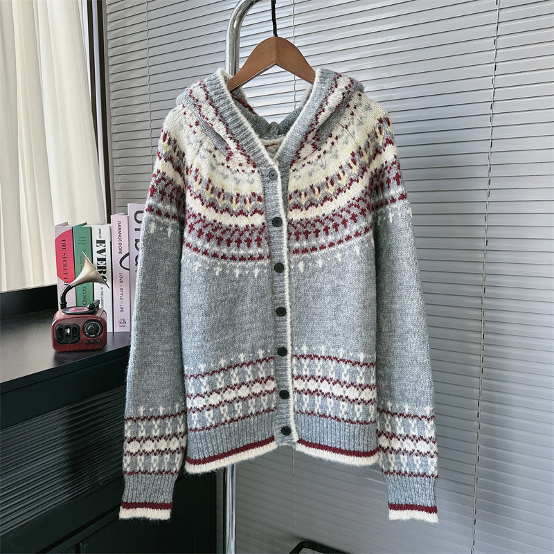 Women's Loose Korean Style Hooded Long-sleeved Jacquard Knitwear