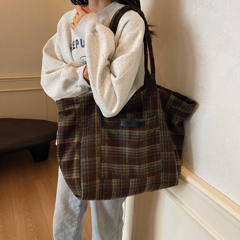 Women's Check Large Capacity Totes Korean Retro Shoulder Bags