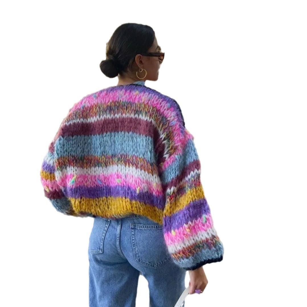 Striped Long Sleeve Rainbow Plaid Handmade Coats