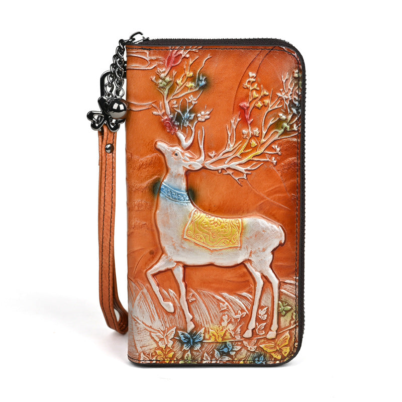 Layer Cowhide Deer Head Embossed Multiple Slots Purses
