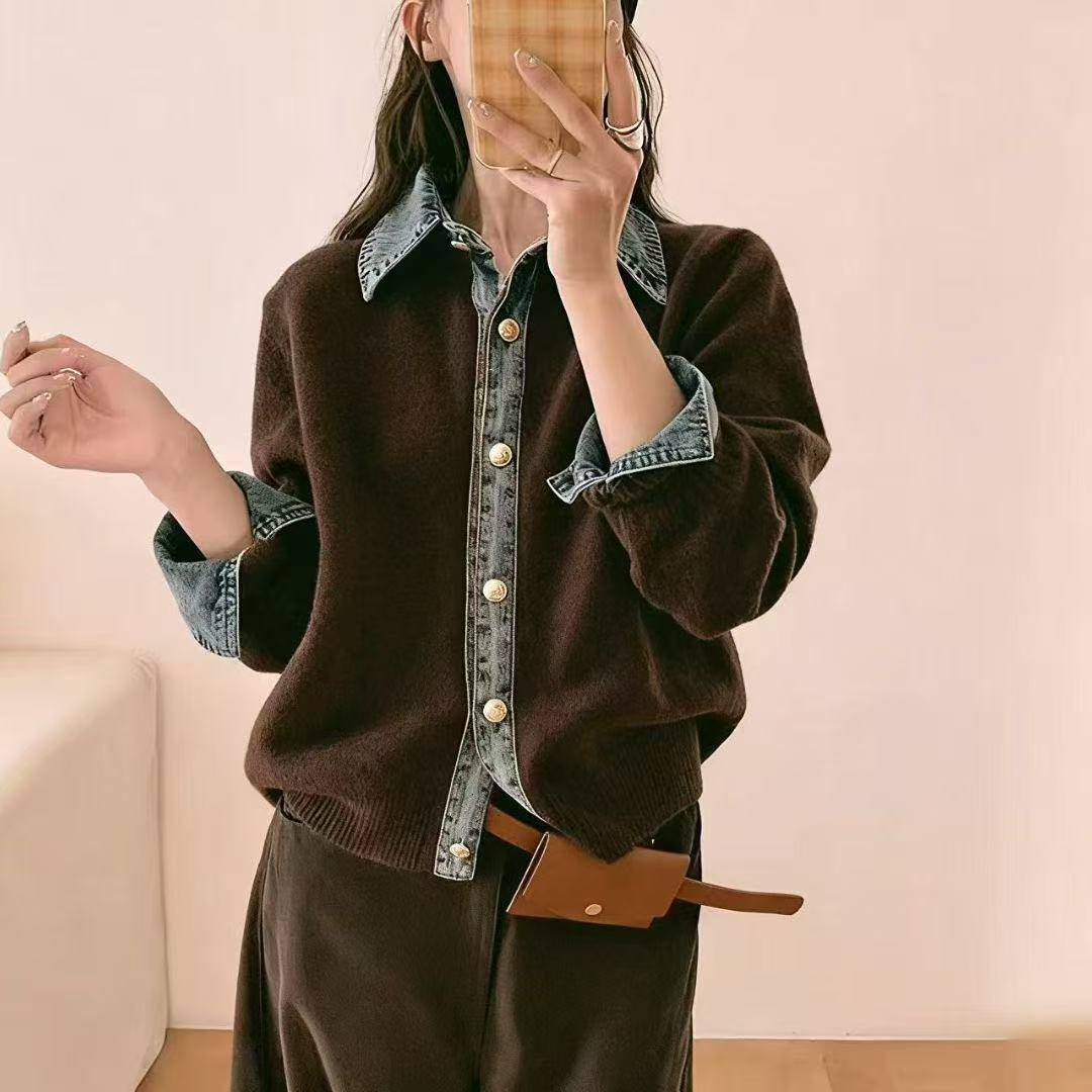 Women's Stitching Denim Collar Knitted Loose Casual Knitwear