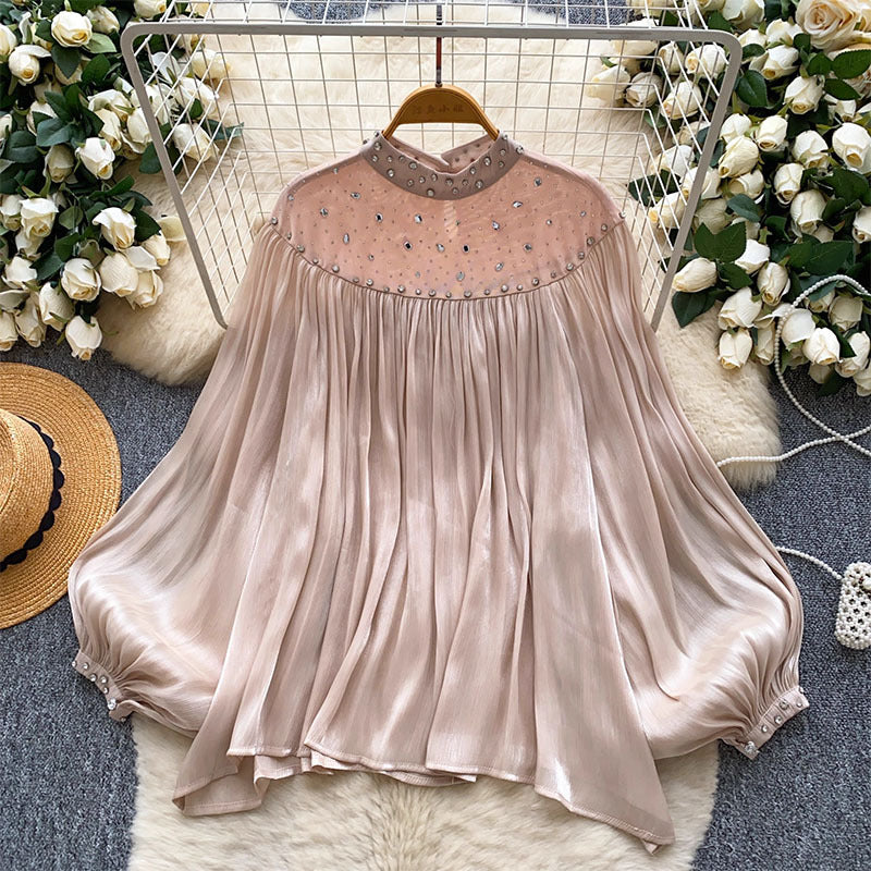 Rhinestone Lantern Sleeve Tassel Gauzy Shirt Blouses