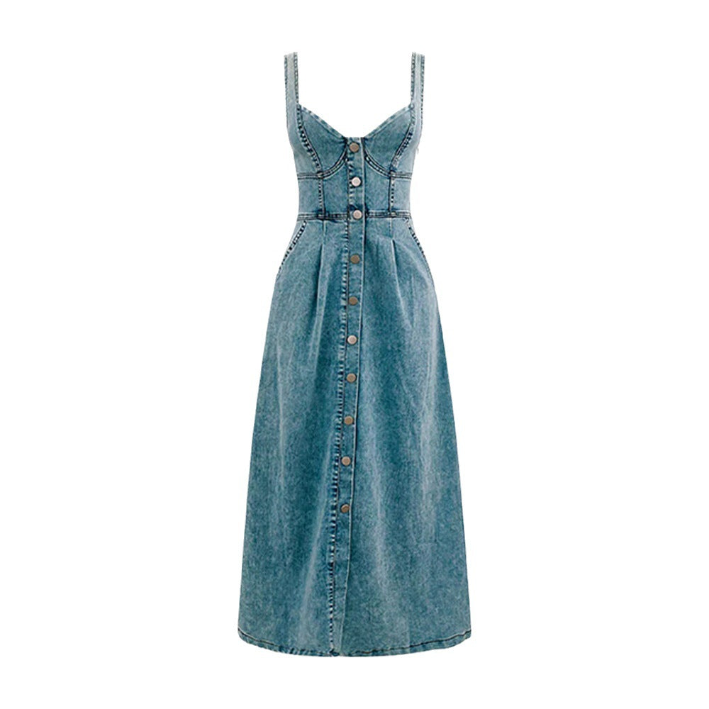 Distressed Casual Style Button Denim Long Dresses