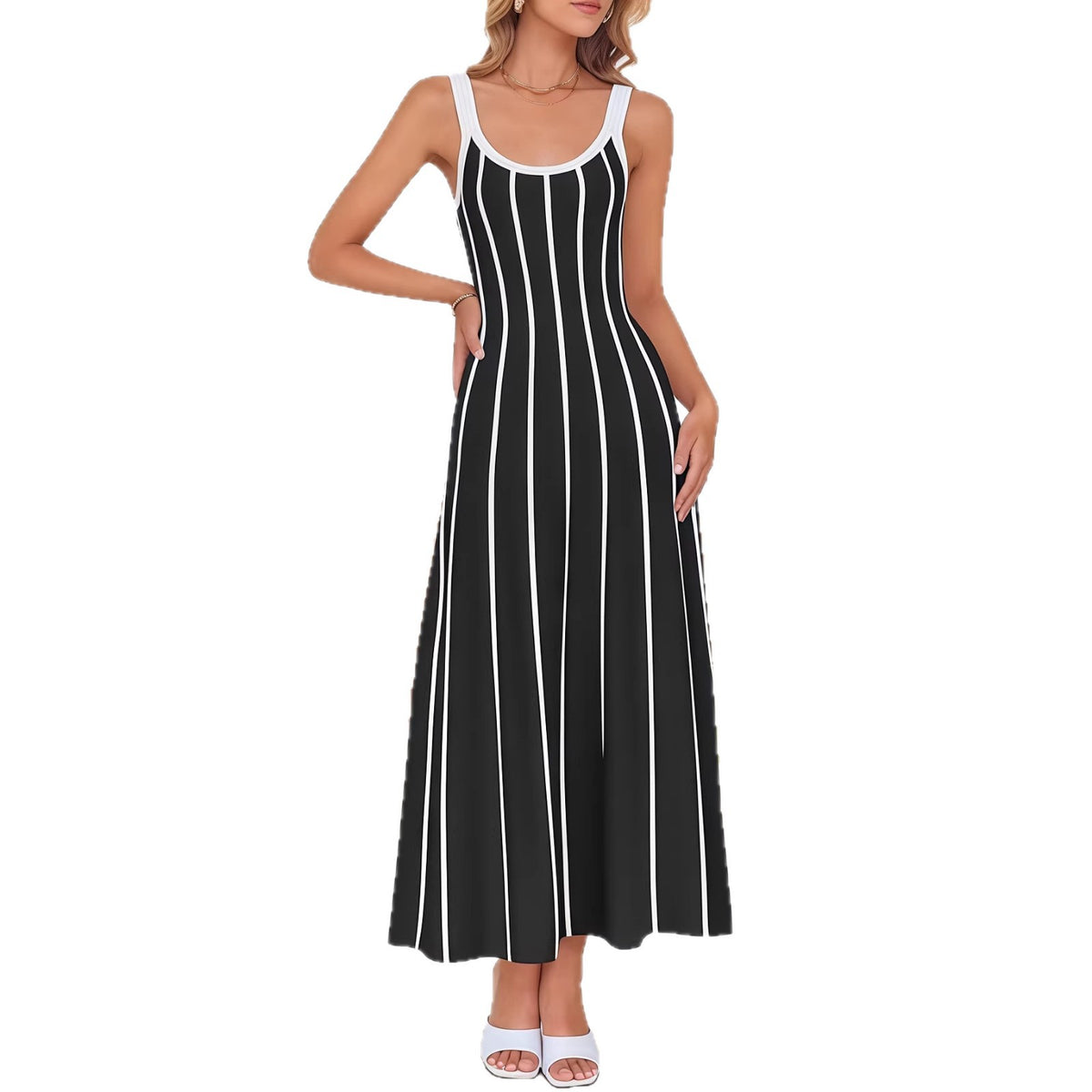 Striped Mid-length Casual A- Line Swing Knitted Dress
