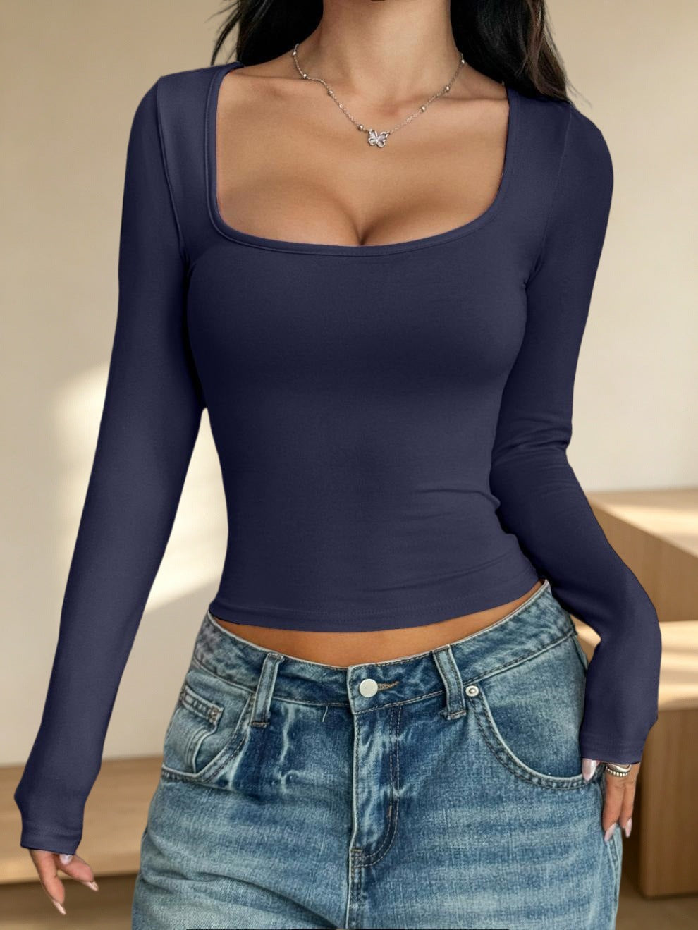Women's Long-sleeved Autumn Slimming Hot Fashionable Wear Solid Color Women's T-shirt