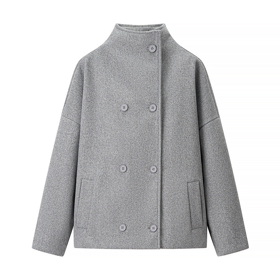 Women's Collar Double Breasted Solid Color Woolen Coats