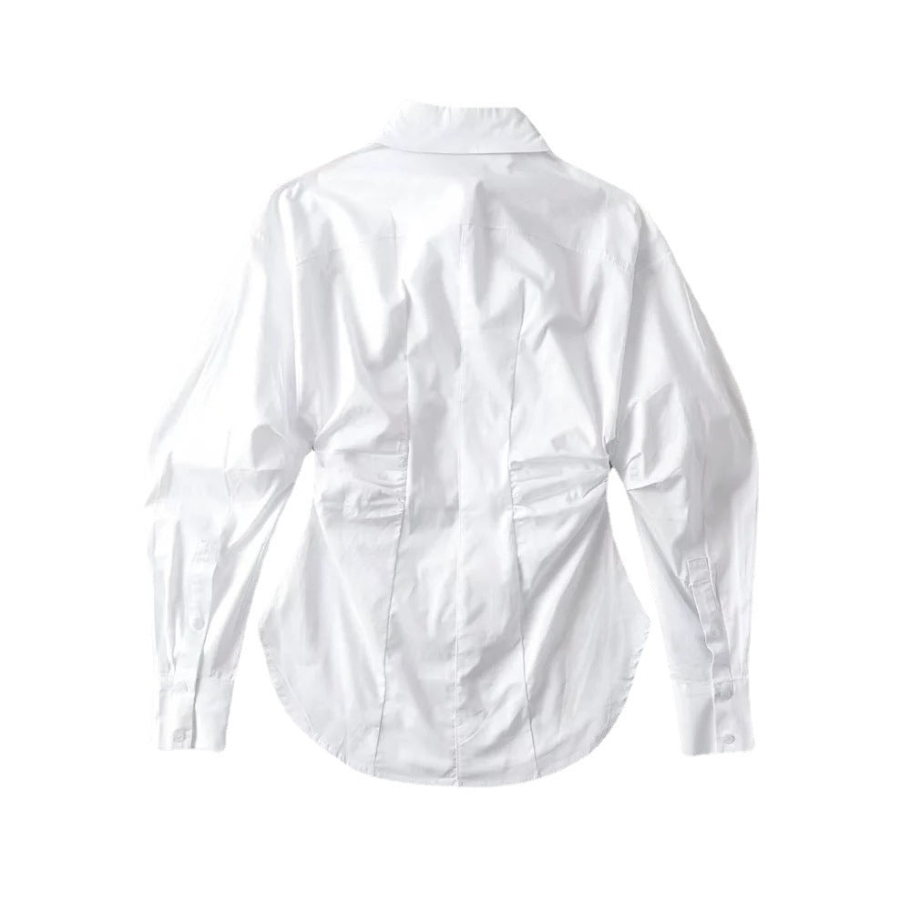 Women's Hot Double-sided Pleated Lapel Single Breasted Shirt Mid-length Blouses