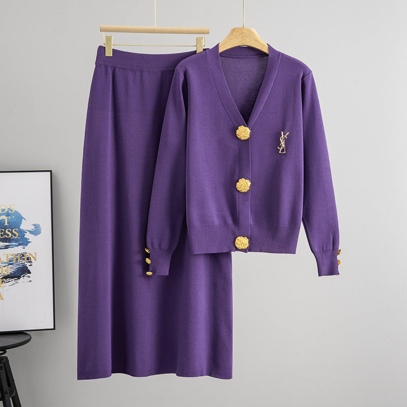 Women's Fashionable Elegant Large Metal Buckle Knitting Suits